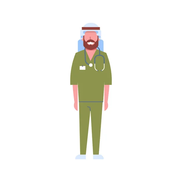 Árabe médico masculino con estetoscopio hombre árabe en keffiyeh y verde uniforme hospital médico trabajador personaje de dibujos animados longitud completa fondo blanco plano — Vector de stock