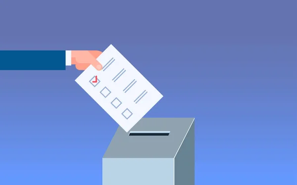Concepto del día de la elección votante mano poner la lista de papeletas de papel en caja durante la votación horizontal plana — Vector de stock