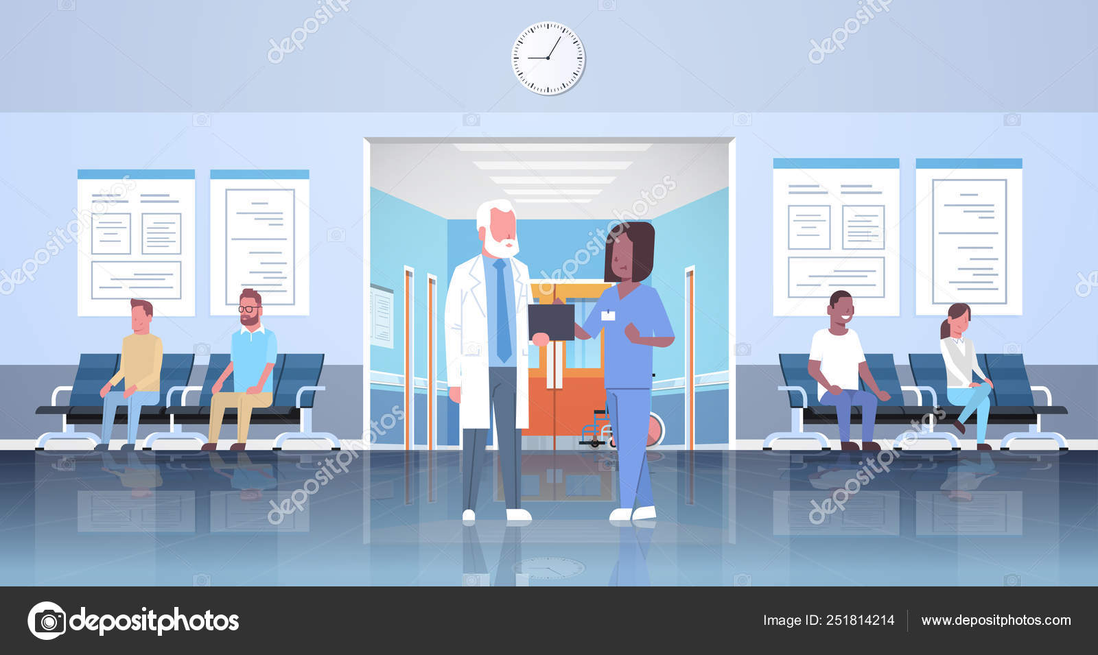 Doctor And Nurse Discussing In Hospital Waiting Hall