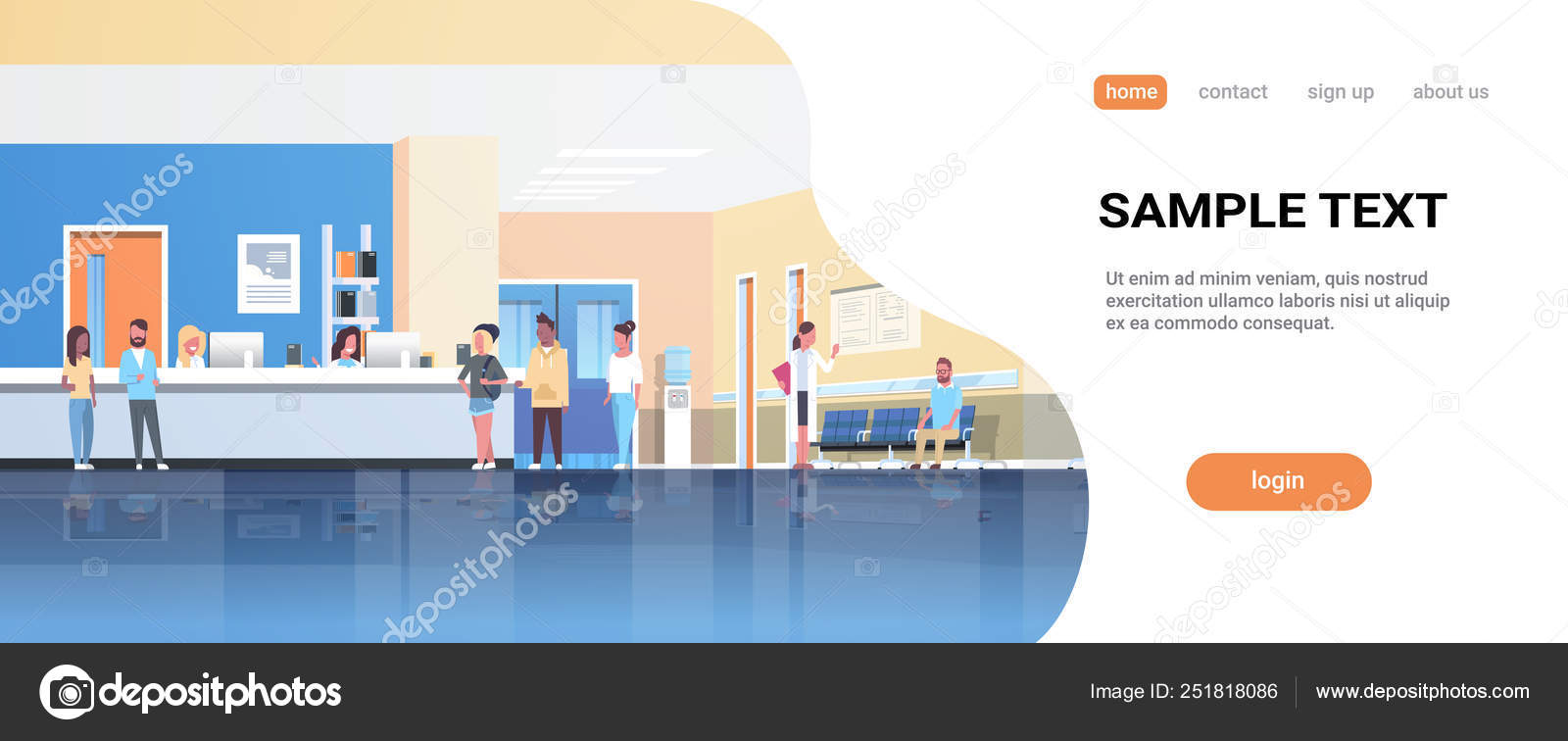 Mix Race Patients Standing Line Queue At Hospital Reception