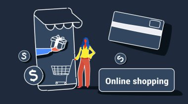 işkadını mobil uygulama kullanma online alışveriş kavramı kadın müşteri arabası kartı smartphone ekran kroki tam uzunlukta yatay tutarak Pazar