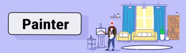 üst düzey ressam boya fırçası adam sanatçı boyama işlemi Sanat Atölyesi studio iç renkli kroki doodle tam uzunlukta yatay banner holding