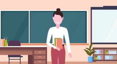 kadın öğretmen tebeşir tahtası işyeri Resepsiyon modern okul sınıf iç karikatür karakter portresi önünde duran yatay düz