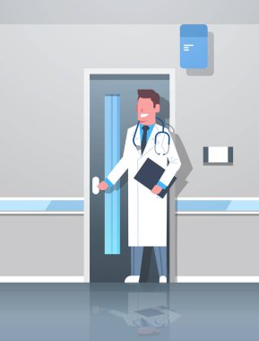 Pano ve açma office kapı hastane koridoru klinik iç mutlu çizgi film karakteri tek tip tam uzunlukta düz dikey stetoskop ile erkek doktor