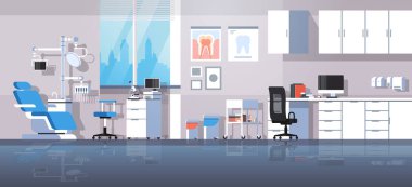 profesyonel diş hekimi işyeri sandalye ve araçları diş Oda dolap diş bakım kavramı modern klinik ofis iç düz yatay banner