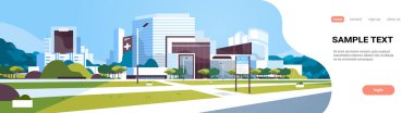 büyük hastane modern tıbbi klinik dış avluya bilgi yönetim kurulu ile bina cityscape arka plan düz yatay banner kopya alanı ağaçları