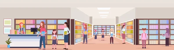 Keverjük össze a verseny diákok hitelfelvételi könyvek könyvtáros modern könyvtár könyvesbolt belső oktatási ismeretek koncepció lakás teljes hosszúságú vízszintes banner olvasás — Stock Vector