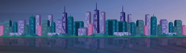 Belle rivière nuit ville panorama gratte-ciel haut paysage urbain fond skyline plat bannière horizontale — Image vectorielle