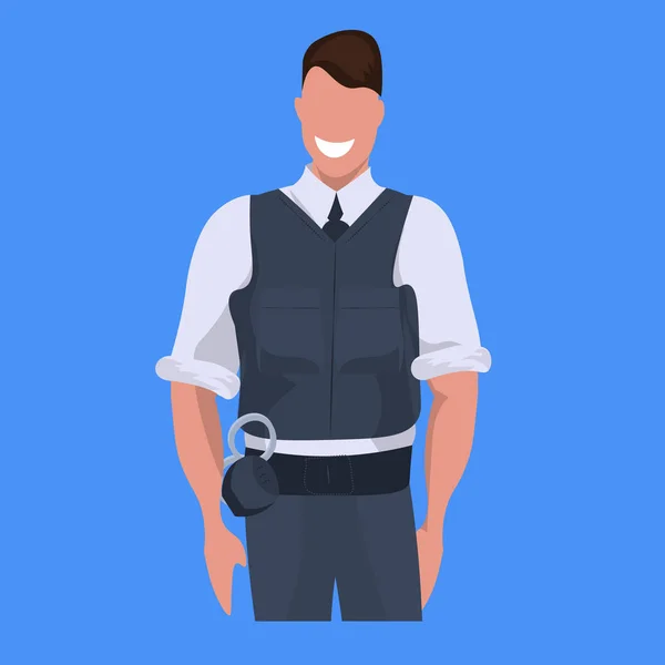Férfi rendőr egységes férfi rendőr biztonsági őr foglalkozás koncepció karikatúra karakter álló lakás kék háttér — Stock Vector