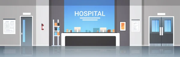 Recepción del hospital sala de espera con información tablero mostrador puertas muebles concepto de salud vacío ninguna gente clínica médica moderna interior horizontal pancarta plana — Vector de stock