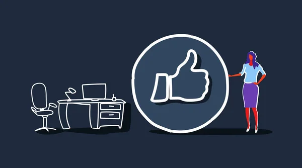 Zakenvrouw met duimen omhoog symbool zoals pictogram succesvolle sociale media marketing feedback concept werkplek moderne kantoor interieur volledige lengte schets doodle horizontaal — Stockvector