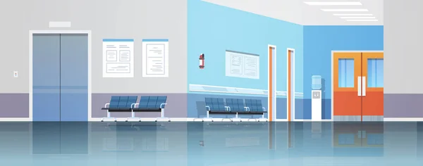 Corredor do hospital sala de espera com informações bordo cadeiras elevador e portas vazias sem pessoas clínica interior plano horizontal banner —  Vetores de Stock