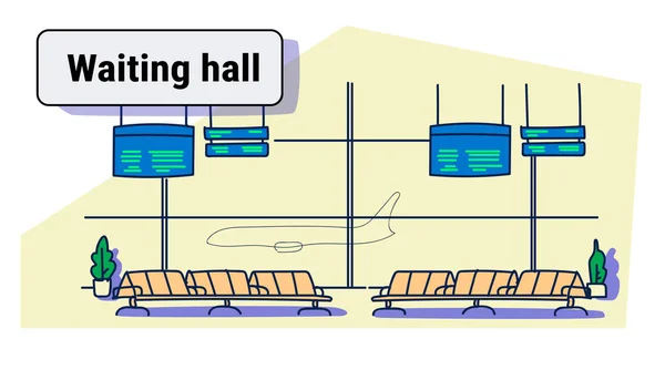 Современный зал ожидания аэропорта зал ожидания вылета терминал пустой нет людей эскиз каракули горизонтальный — стоковый вектор
