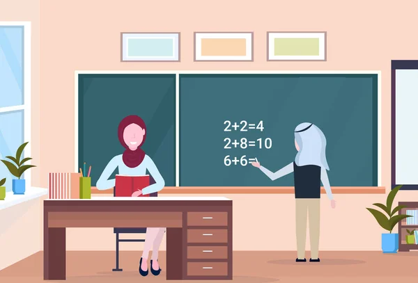 Muslim arabian teacher with arab schoolboy solving math problem on chalkboard during lesson education concept modern school classroom interior full length horizontal — Stock Vector