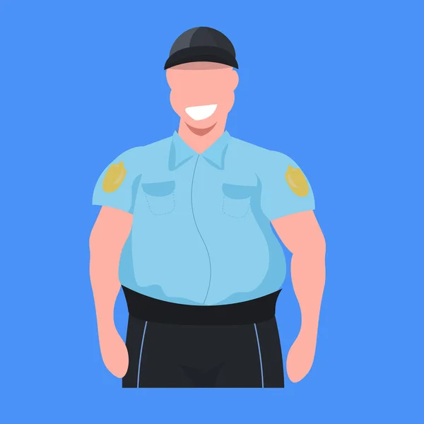 Policial homem oficial no uniforme masculino policial segurança guarda profissional ocupação conceito desenho animado personagem retrato plano azul fundo — Vetor de Stock