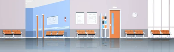 病院廊下待ってホール情報ボードの椅子やドアと空の人々 クリニック内装 panorana 平坦な水平バナー — ストックベクタ