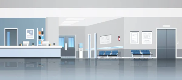 Sjukhuset väntar receptionshall med counter säten dörrar och hiss Töm inga personer medicinsk klinik invändig horisontell banderoll panorama platta — Stock vektor