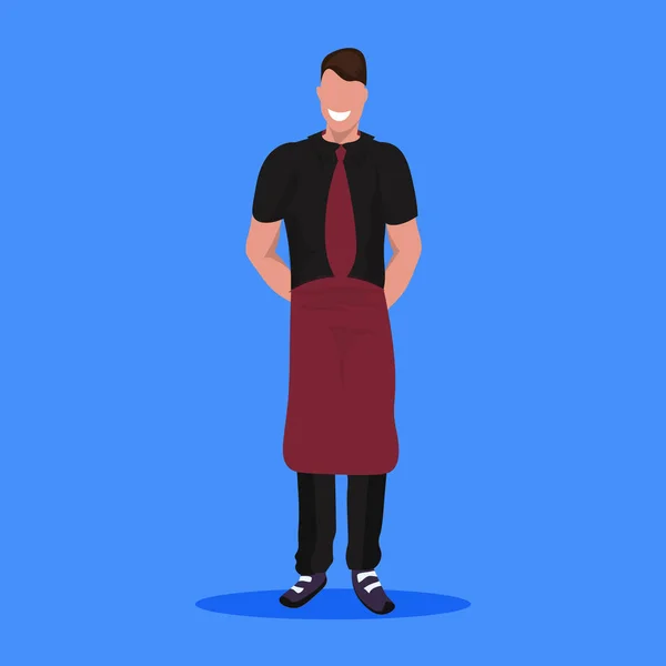 Homme professionnel serveur en uniforme pose debout restaurant personnel profession professionnelle concept mâle dessin animé personnage pleine longueur fond bleu plat — Image vectorielle
