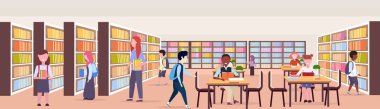 Seçme ve kitaplar çalışma masaları alan raflardan modern kütüphane iç eğitim bilgi kavramı düz yatay banner tam uzunlukta çalışma okuma yarış öğrencilere mix