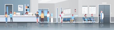 yarış hastaların hastane Resepsiyon salonu doktorlar bekleyen satır sıraya istişare sağlık kavramı tıbbi klinik iç tam uzunlukta yatay banner düz vektör çizim duran mix