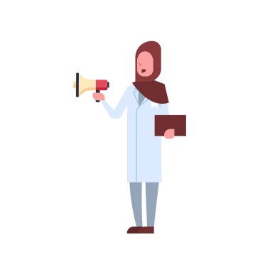 Arap kadın doktor hoparlör bağırarak megafon Arap kadın aracılığıyla hijab ve üniforma hastane tıp işçi tam uzunlukta beyaz arka planda düz tutarak