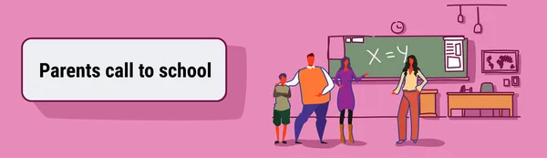 Ung förälder med son på skolan lärare-förälder möteskoncept moderna klassrummet interiör seriefigurer full längd färgglada skiss doodle horisontell banderoll — Stock vektor