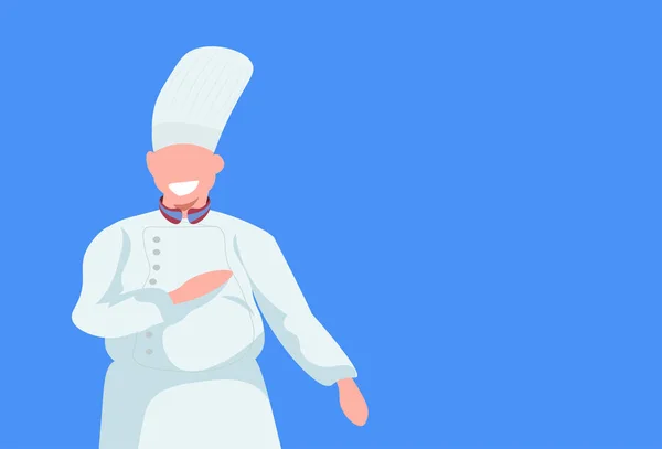 Maschio cuoco uomo cuoco in bianco uniforme cibo cucina professionale concetto ristorante cucina lavoratore ritratto piatto blu sfondo orizzontale — Vettoriale Stock