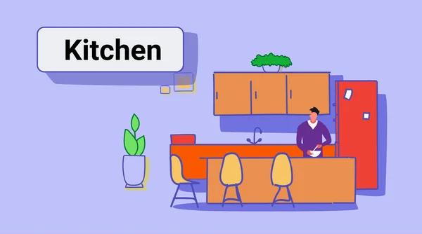 Homem fazendo jantar cozinhar comida em casa moderna cozinha interior masculino personagem retrato colorido esboço doodle horizontal — Vetor de Stock