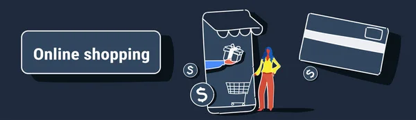 Empresária usando aplicativo móvel mercado on-line conceito de compras cliente feminino segurando trole cartão smartphone tela esboço comprimento total horizontal — Vetor de Stock