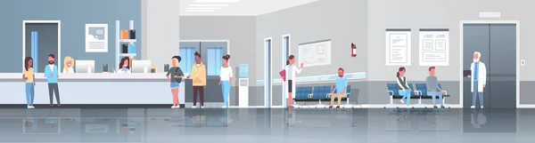 Mix race patients standing line queue at hospital reception waiting hall doctors consult healthcare concept medical clinic interior full length horizontal banner flat vector illustration — Vettoriale Stock