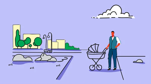 Młody człowiek, spacery z wózka ojciec pchania noworodka wózek odkryty miasto miejski park gród tle szkicu doodle poziome — Wektor stockowy