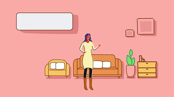 Mujer de pie sala de estar moderno apartamento muebles casa interior colorido boceto garabato espacio de copia vacío horizontal — Vector de stock