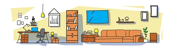 Moderne werkplek kabinet meubilair leeg geen mensen huis woonkamer interieur rest zone en werkplek concept kleurrijke sketch flow stijl horizontale banner — Stockvector