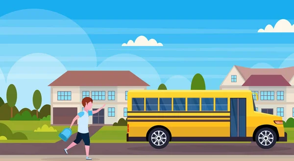 Schoolboy running to chase yellow school bus pupils transport concept residential suburban street landscape background flat horizontal — Stock Vector