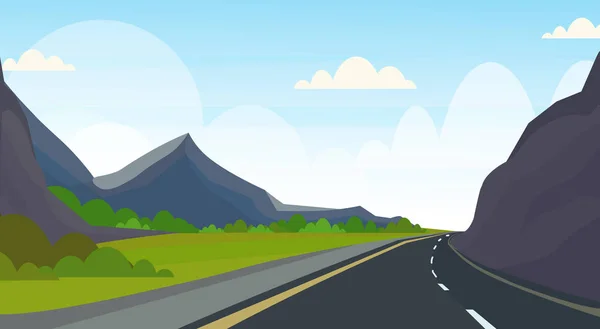 Asfalto carretera carretera y hermosas montañas paisaje natural fondo horizontal bandera plana — Vector de stock