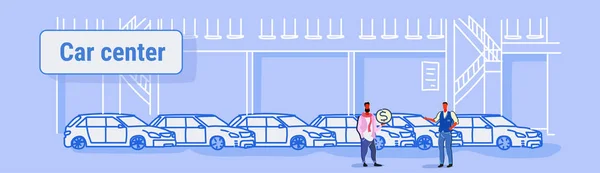 Satıcı adam alıcı araba ile satın almak satış veya kiralama konsept otomobil Bayilik Merkezi showroom iç kroki akışı tarzı tam uzunlukta yatay banner vektör çizim oluşturma — Stok Vektör