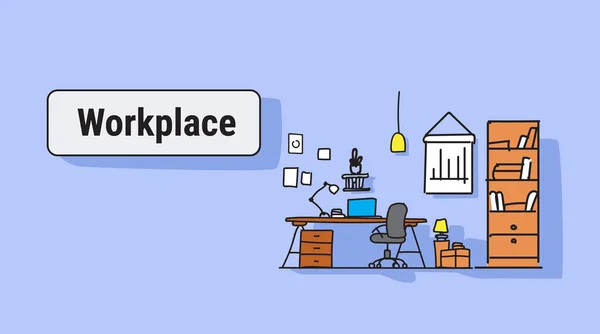 Μοντέρνο γραφείο εσωτερικό σχεδιασμό χώρου εργασίας γραφείο έννοια εργασίας έπιπλα γραφείων σκίτσο doodle οριζόντια — Διανυσματικό Αρχείο