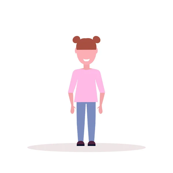Gelukkig brownhair meisje staande pose kindje vrouwelijke cartoon karakter volle lengte platte witte achtergrond — Stockvector