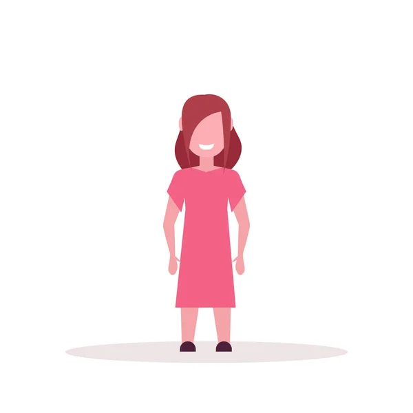 Heureux brun fille debout pose petit enfant femelle personnage de dessin animé pleine longueur fond blanc plat — Image vectorielle