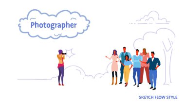 iş adamları fotoğrafını fotoğrafçı birlikte ayakta ve fotoğraf manzara arka plan tam uzunlukta kroki akışı stil için yatay grup