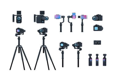set professional camera equipment motorized gimbal stabilizer tripod metal construction take a photo movie or video concept isolated collection horizontal flat clipart