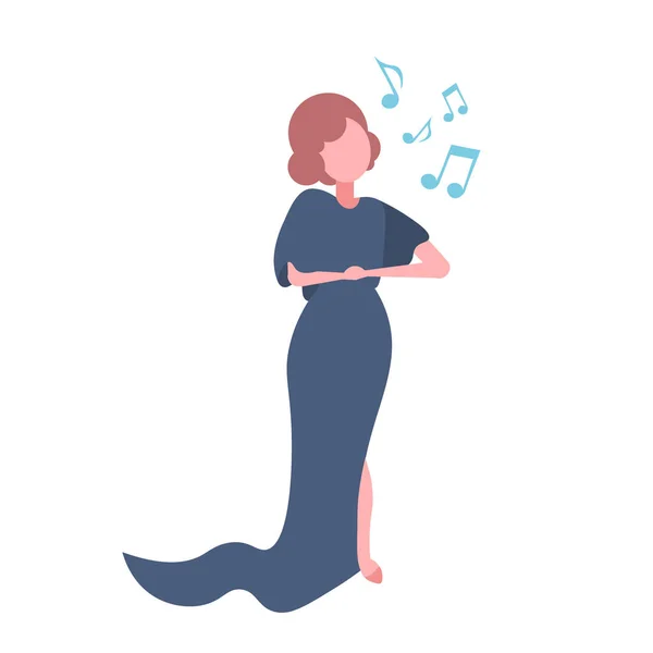 Elegante cantante lirica donna in abito blu canto karaoke canzoni concerto e concetto di musica femminile personaggio dei cartoni animati full length piatto isolato — Vettoriale Stock