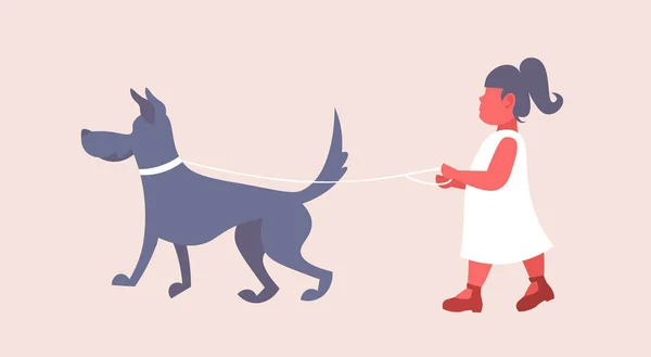 Menina em vestido branco andando com cão bonito criança e seu cão se divertindo personagem de desenho animado feminino comprimento total plana horizontal — Vetor de Stock