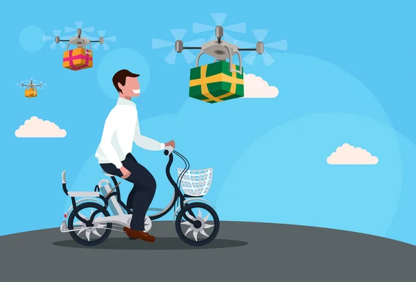 Homem ciclismo bicicleta drone voando entrega ar pacotes embarque conceito cara equitação bicicleta macho desenho animado personagem comprimento total horizontal plana —  Vetores de Stock