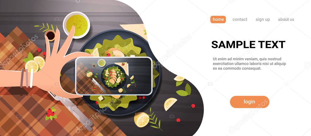food blogger taking mobile photo of fresh vegetable salad with chicken and sauce in black bowl top angle view smartphone screen social network activity concept copy space horizontal