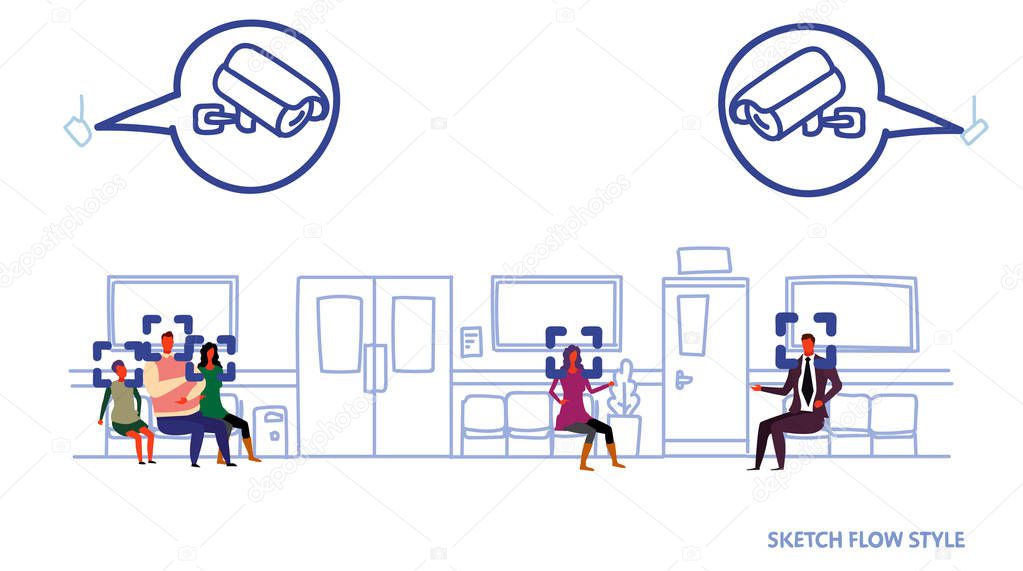 patients waiting clinic hall surveillance cctv facial recognition concept security camera system hospital corridor with seats and doors sketch flow style horizontal