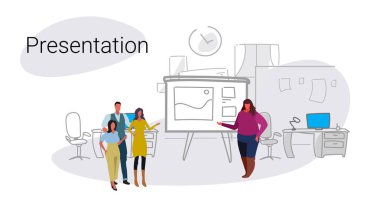 kilolu kadın konuşmacı mali rapor flip grafik iş adamları grubu eğitim toplantısı sunu kavramı ofis iç kroki doodle tam uzunlukta yatay toplantı sunulması