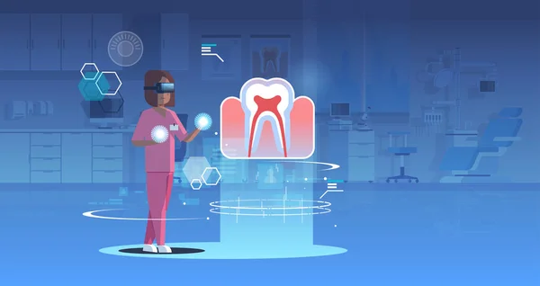 Женщина врач медсестра носить цифровые очки глядя виртуальной реальности зуб человеческий орган анатомия здравоохранения VR гарнитура видение концепция работы зал по всей длине горизонтальной — стоковый вектор