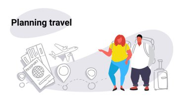 Fat obese man woman travelers standing together overweight couple planning travel concept people with baggage choosing hotel and tickets booking sketch doodle horizontal vector