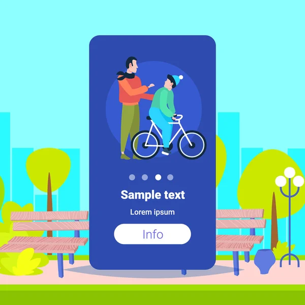 Pai e filho aprendendo a andar de bicicleta ao ar livre homem ensino menino bicicleta ciclismo família se divertindo juntos cidade urbano parque paisagem fundo plano cópia espaço — Vetor de Stock